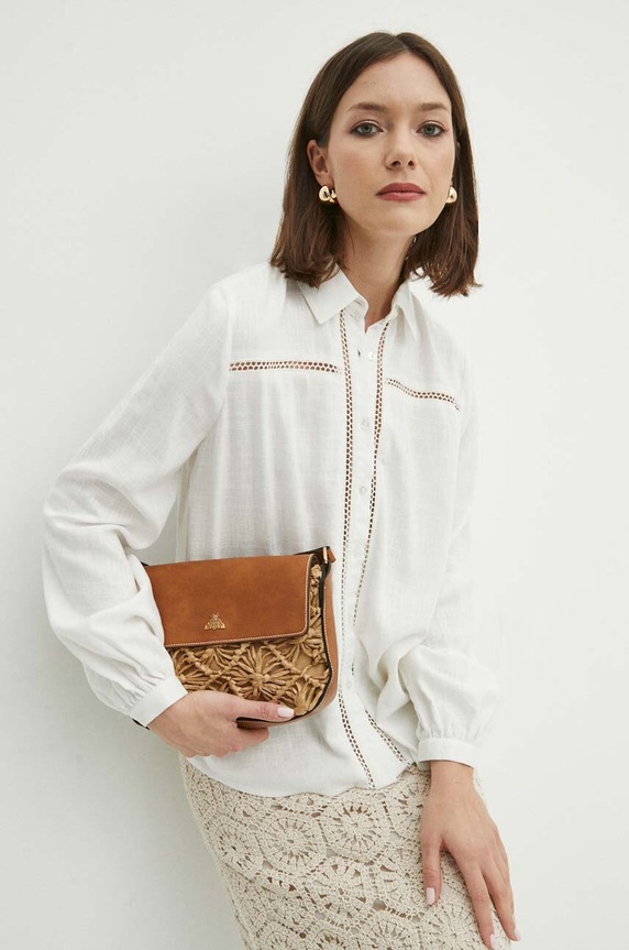 Koszula z domieszką lnu damska regular kolor biały długi biały RS24.KDD600