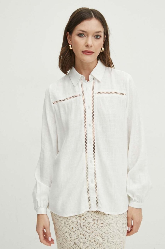 Koszula z domieszką lnu damska regular kolor biały RS24.KDD600 biały