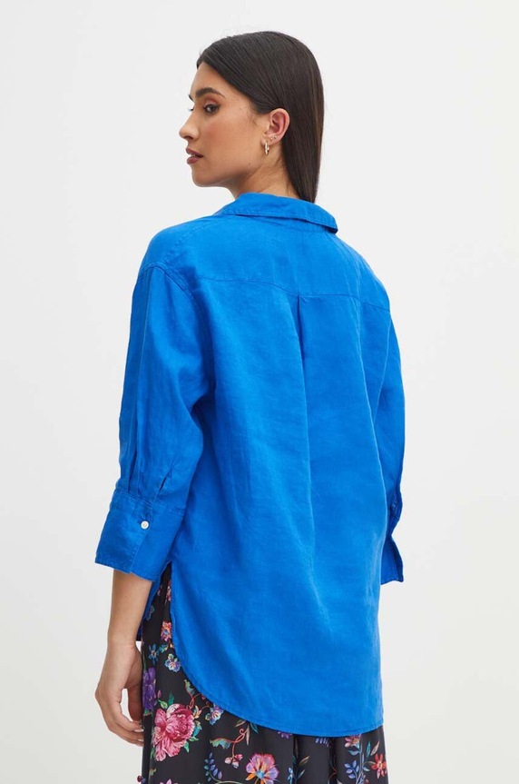 Odzież Koszula lniana damska gładka kolor niebieski RS24-KDD902 niebieski