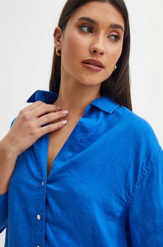 Koszula lniana damska gładka kolor niebieski niebieski RS24-KDD902