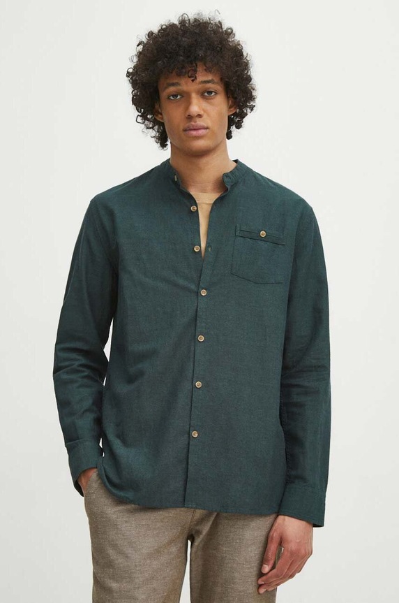 Koszula męska z lnem ze stójką kolor zielony casual zielony RS24.KDM070