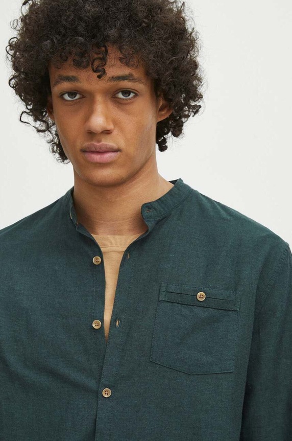 Koszula męska z lnem ze stójką kolor zielony RS24.KDM070 zielony