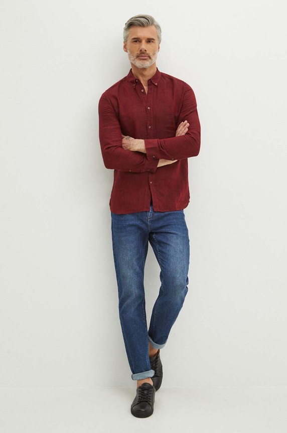 Odzież Koszula lniana męska z kołnierzykiem button-down kolor bordowy RS24-KDM071 bordowy