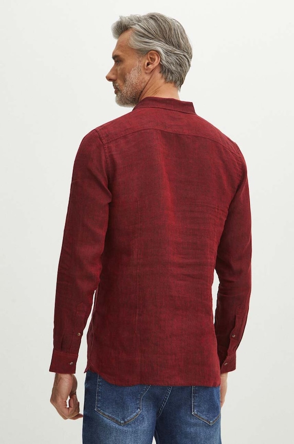 Koszula lniana męska z kołnierzykiem button-down kolor bordowy bordowy RS24-KDM071