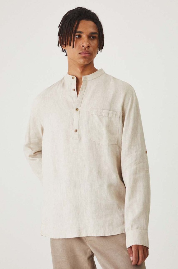 Lněná košile pánská béžová barva se stojáčkem béžová RS24-KDMB02