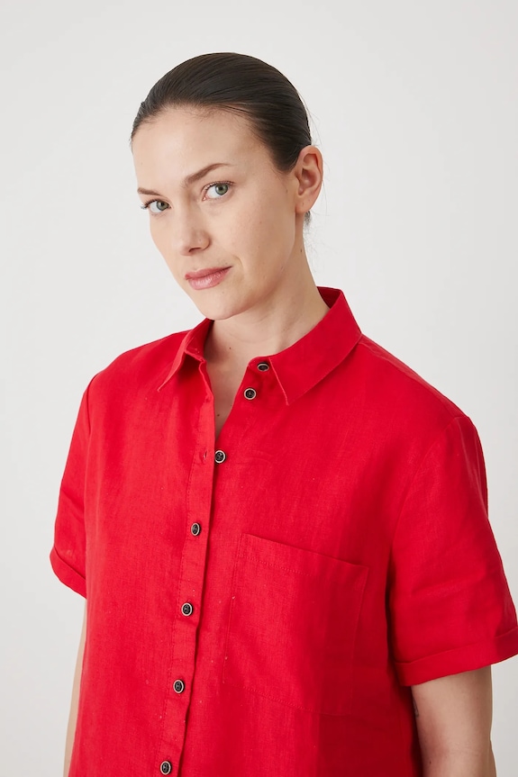 Koszula lniana damska gładka kolor czerwony regular czerwony RS24-KKD902