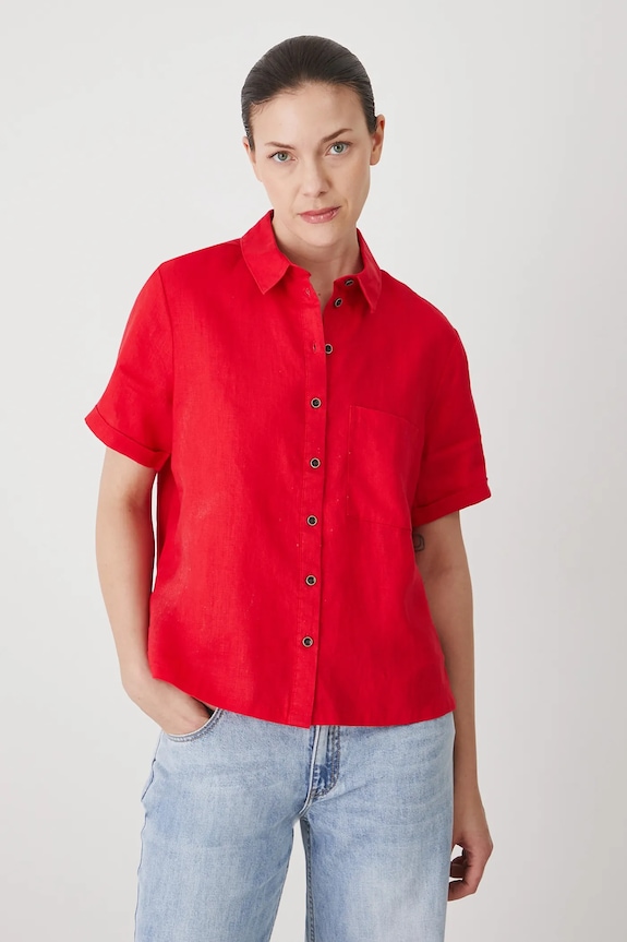Koszula lniana damska gładka kolor czerwony czerwony RS24-KKD902