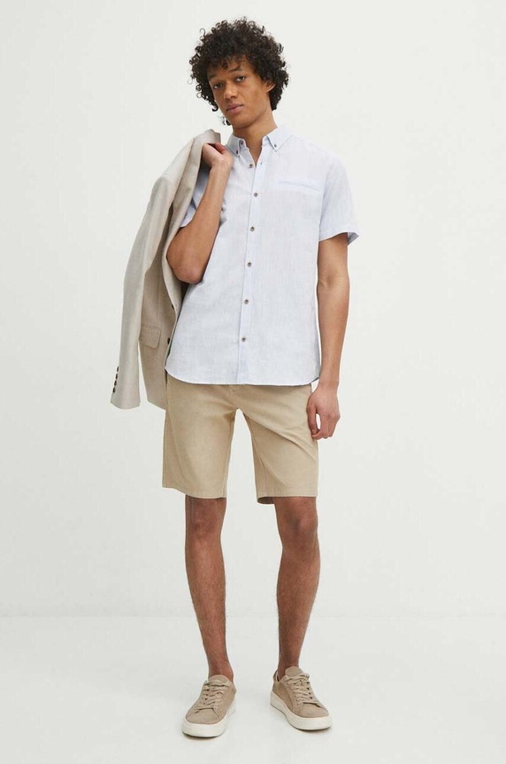 Oblečenie Ľanová košeľa pánska s golierom button down modrá farba RS24-KKM070 modrá