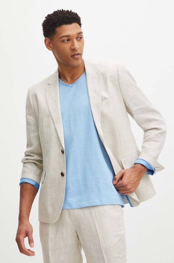 Marynarka lniana męska melanżowa kolor beżowy z podszewką beżowy RS24-MKM905