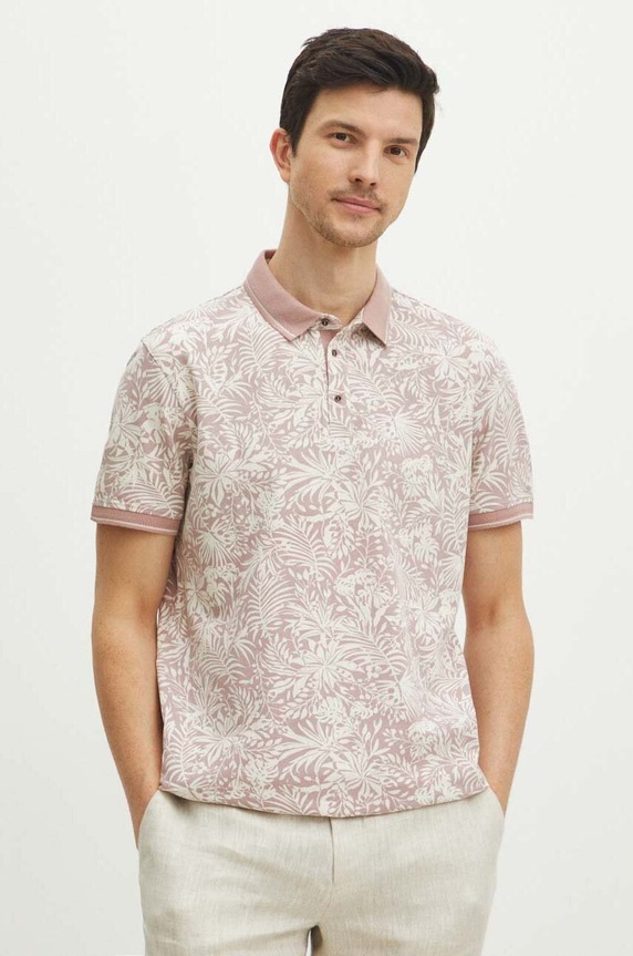 Polo bawełniane męskie z domieszką elastanu wzorzyste kolor różowy z elastanem różowy RS24-POMA17