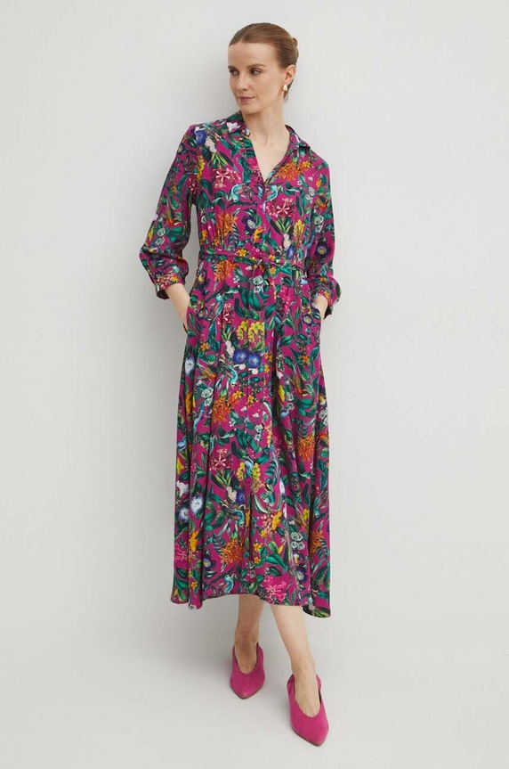 Sukienka damska midi z wiskozy wzorzysta kolor fioletowy midi fioletowy RS24-SUD050