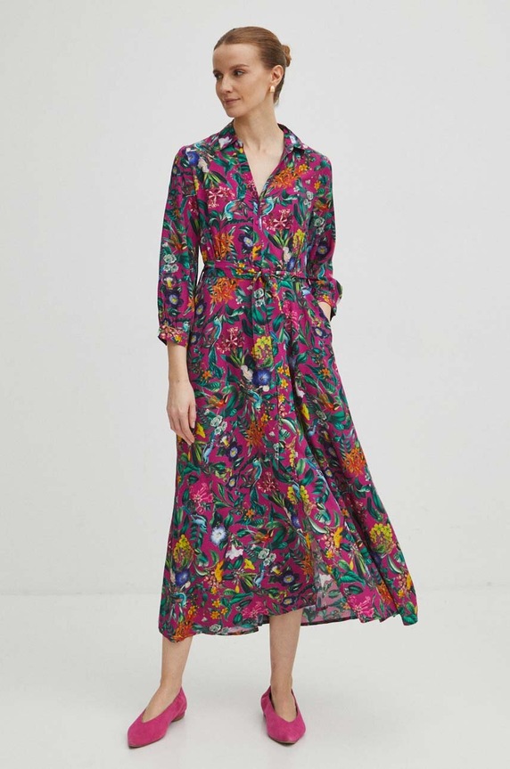 Sukienka damska midi z wiskozy wzorzysta kolor fioletowy RS24-SUD050 fioletowy RS24