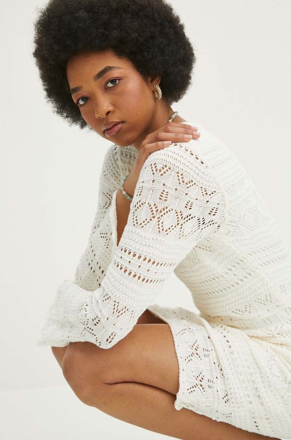 Sukienka damska mini z ażurowej dzianiny kolor beżowy beżowy RS24-SUD709