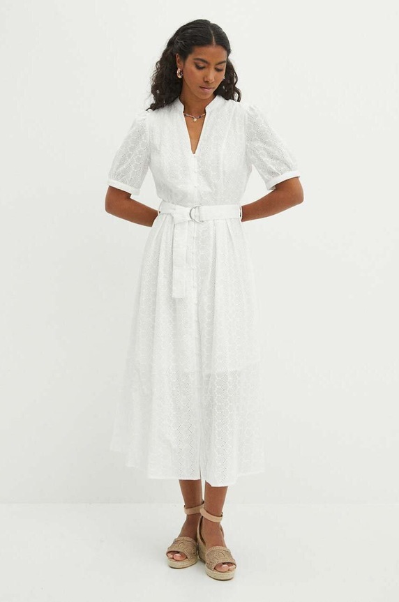 Bavlněné šaty dámské midi s ozdobnou výšivkou béžová barva midi béžová RS24.SUD807