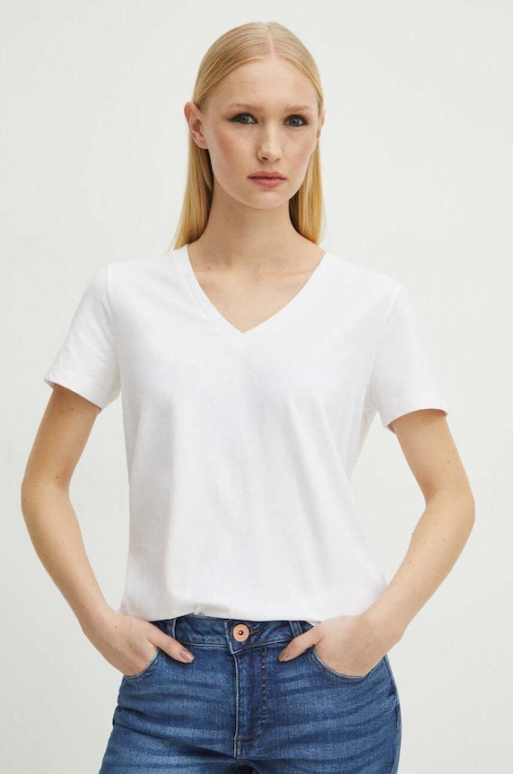 T-shirt bawełniany damski z domieszką elastanu kolor biały z elastanem biały RS24.TSD011