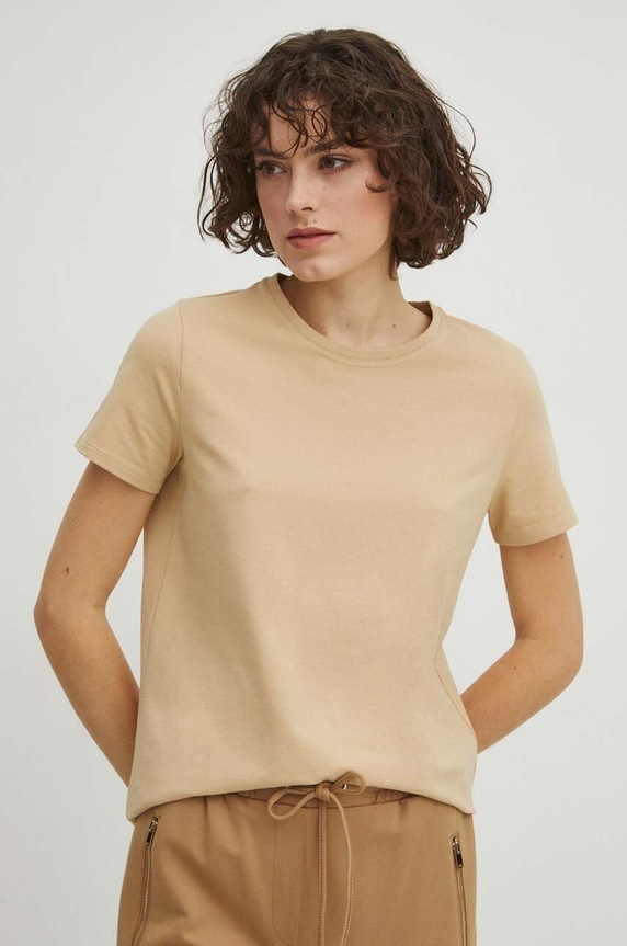 T-shirt bawełniany damski kolor beżowy beżowy RS24-TSD043
