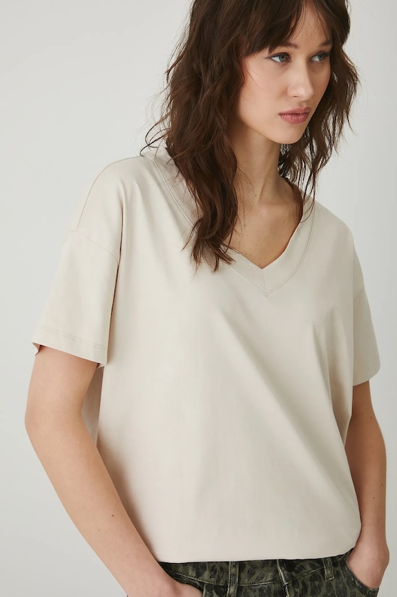 T-shirt damski bawełniany gładkie beżowy RS24-TSD074
