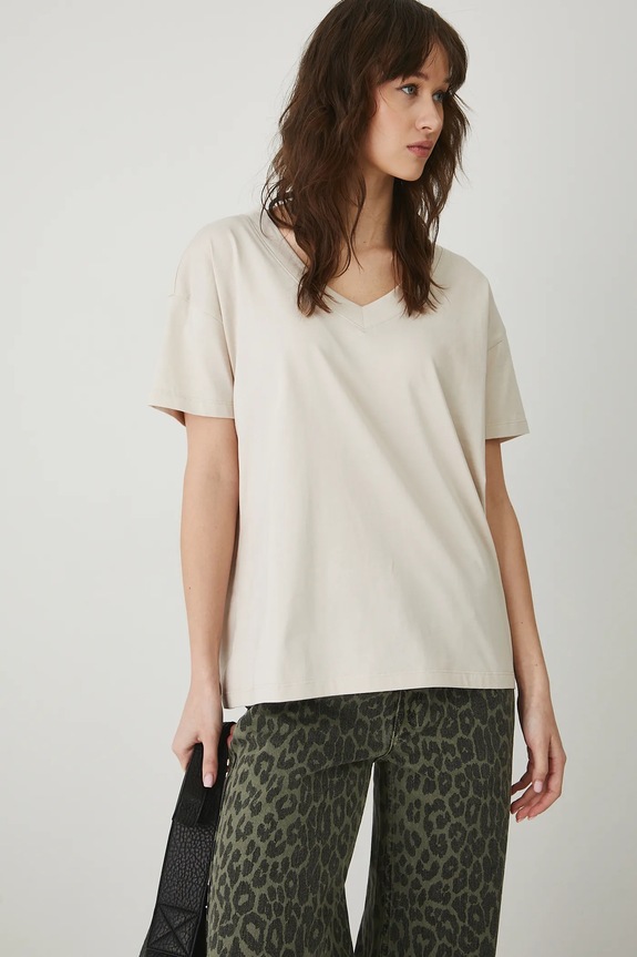 T-shirt damski bawełniany beżowy RS24-TSD074