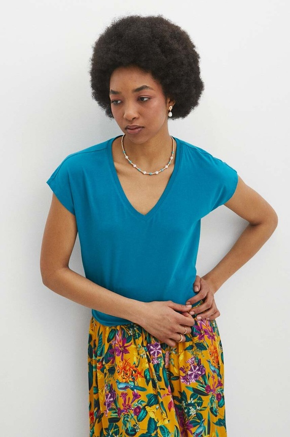 Bavlněné tričko dámské tyrkysová barva regular tyrkysová RS24-TSD076