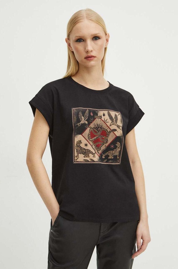 T-shirt bawełniany damski z kolekcji Love Alchemy kolor czarny okrągły czarny RS24-TSD269
