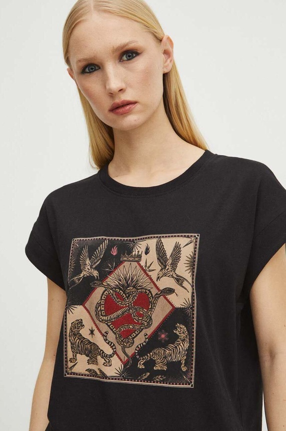 T-shirt bawełniany damski z kolekcji Love Alchemy kolor czarny czarny RS24-TSD269