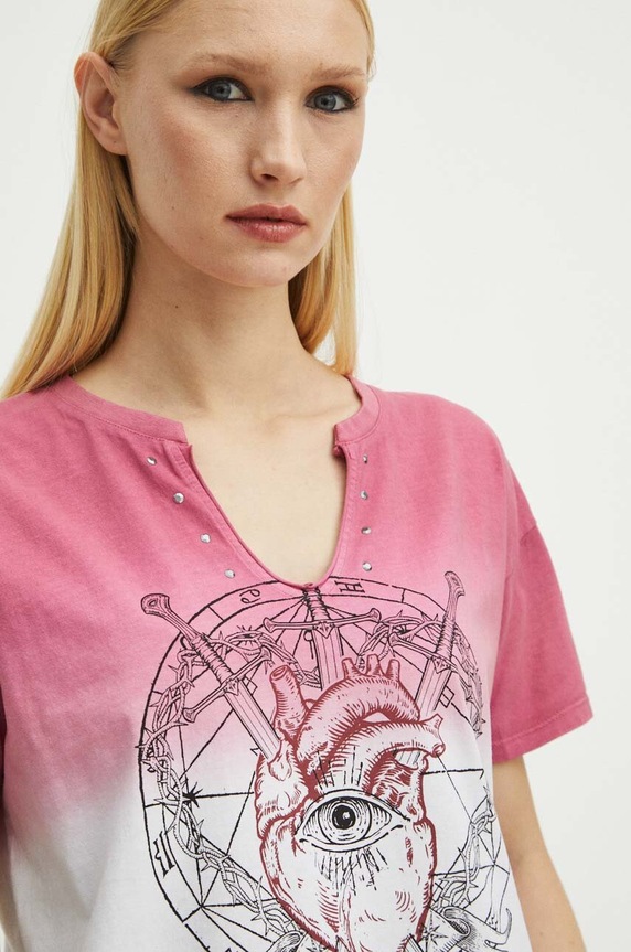 T-shirt bawełniany damski z kolekcji Love Alchemy kolor różowy RS24-TSD270 różowy