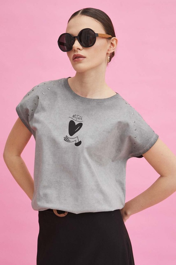 T-shirt bawełniany damski by Magda Danaj - Porysunki kolor szary okrągły szary RS24-TSD271