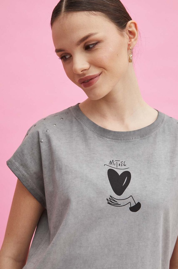 T-shirt bawełniany damski by Magda Danaj - Porysunki kolor szary szary RS24-TSD271