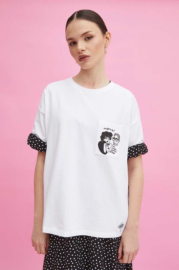 T-shirt bawełniany damski z domieszką elastanu by Magda Danaj - Porysunki kolor biały okrągły biały RS24-TSD275