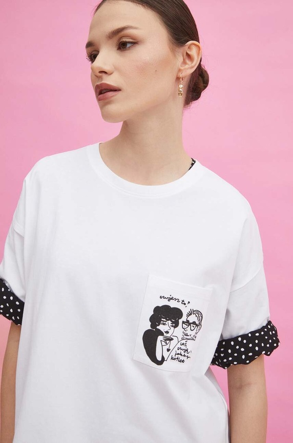 T-shirt bawełniany damski z domieszką elastanu by Magda Danaj - Porysunki kolor biały biały RS24-TSD275