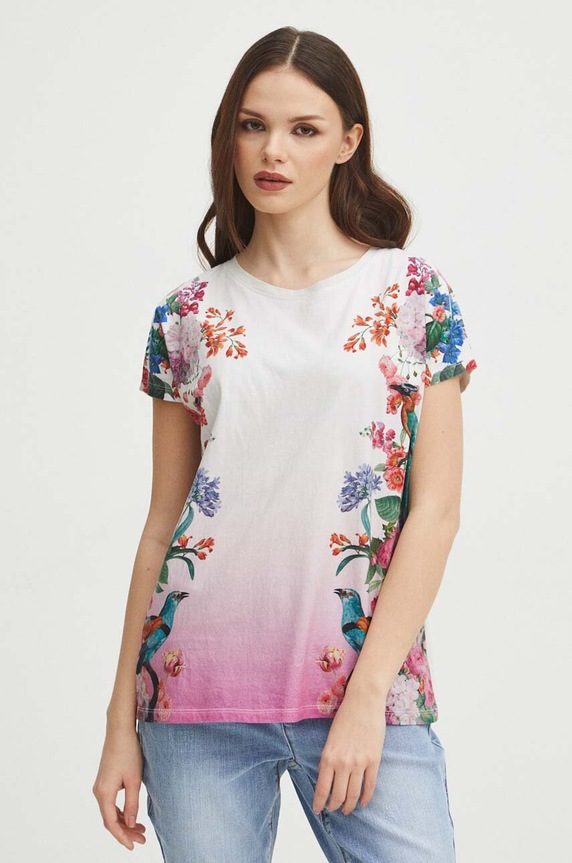 T-shirt bawełniany damski z nadrukiem kolor beżowy okrągły beżowy RS24.TSD300