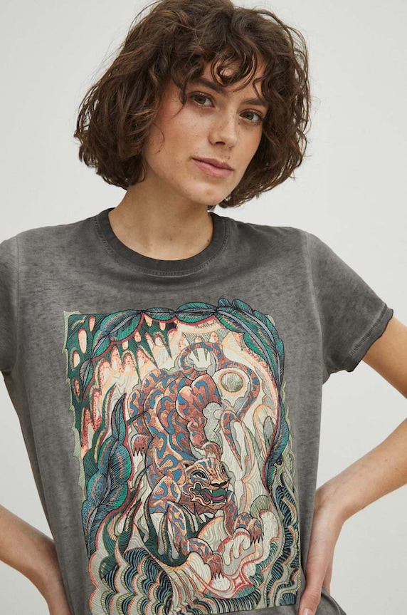 T-shirt bawełniany damski by Paweł Patyk, Grafika Polska kolor szary okrągły szary RS24.TSD460