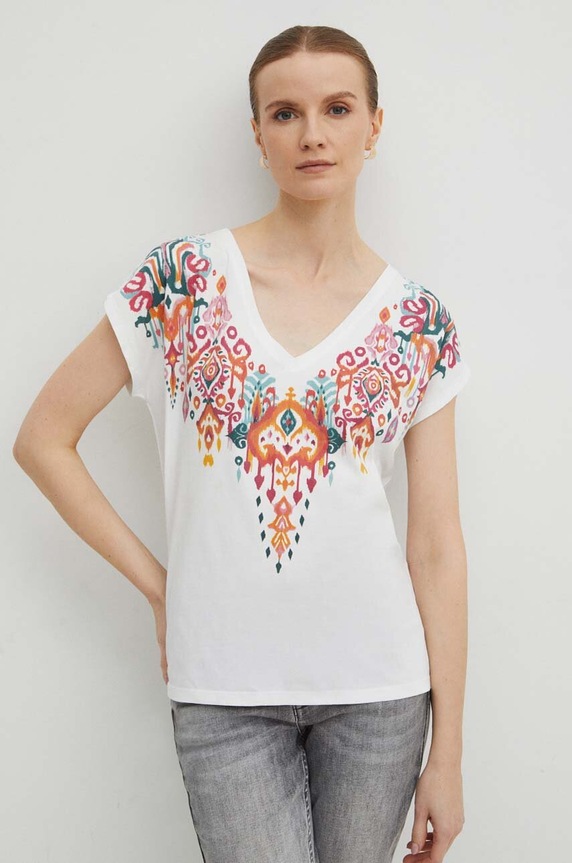 T-shirt bawełniany damski z nadrukiem kolor kremowy bawełna beżowy RS24-TSD507
