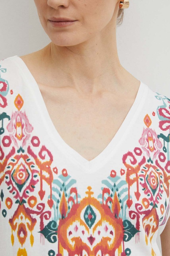 T-shirt bawełniany damski z nadrukiem kolor kremowy RS24-TSD507