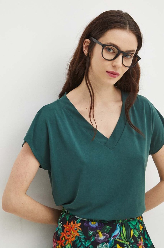 T-shirt damski z domieszką elastanu gładki kolor zielony turkusowy RS24.TSD508