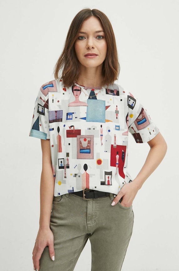 T-shirt bawełniany damski z domieszką elastanu z kolekcji Jerzy Nowosielski x Medicine kolor multicolor RS24.TSD665 multicolor RS24
