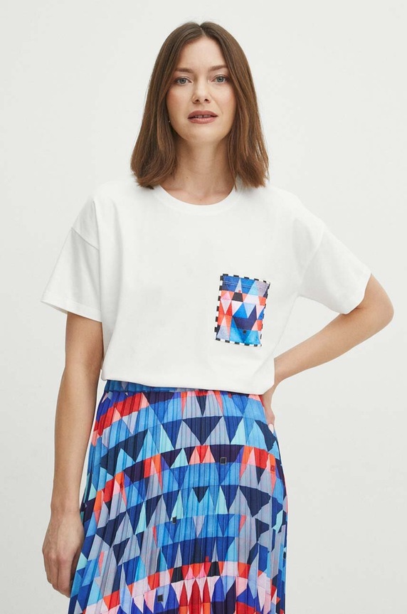 Bavlněné tričko dámské s příměsí elastanu z kolekce Jerzy Nowosielski x Medicine béžová barva RS24-TSD669 béžová RS24