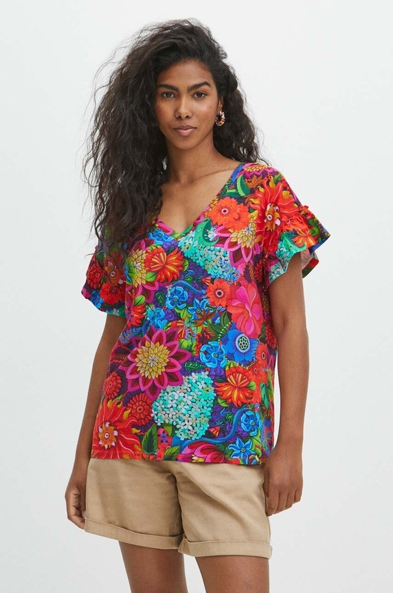 Odzież T-shirt bawełniany damski z domieszką elastanu z kolekcji Jane Tattersfield x Medicine kolor multicolor RS24-TSD855 multicolor