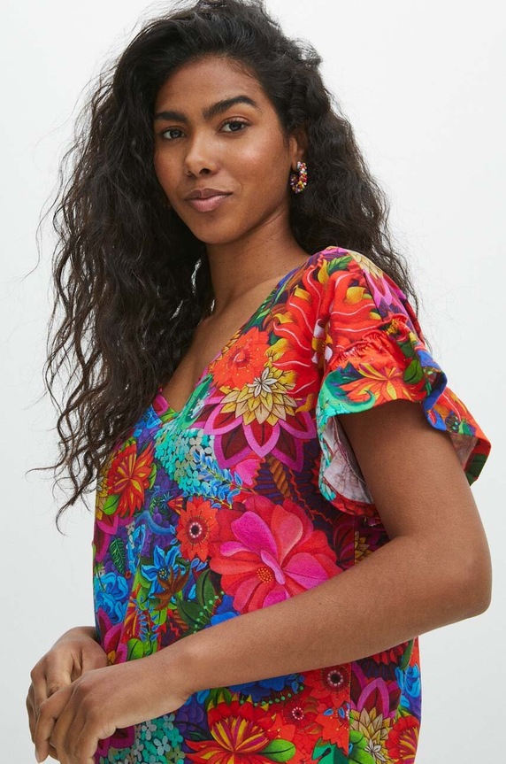 T-shirt bawełniany damski z domieszką elastanu z kolekcji Jane Tattersfield x Medicine kolor multicolor RS24-TSD855