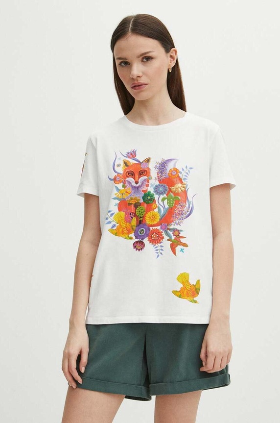 T-shirt bawełniany damski z domieszką elastanu z kolekcji Jane Tattersfield x Medicine kolor biały RS24-TSD857 biały RS24