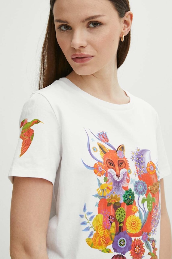 Odzież T-shirt bawełniany damski z domieszką elastanu z kolekcji Jane Tattersfield x Medicine kolor biały RS24-TSD857 biały