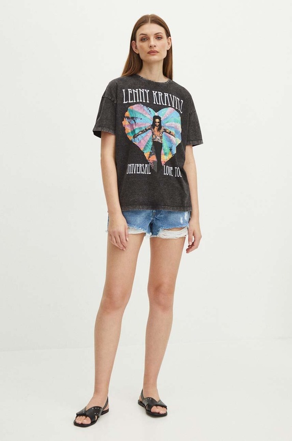 Odzież T-shirt bawełniany damski Lenny Kravitz kolor czarny RS24.TSD956 czarny
