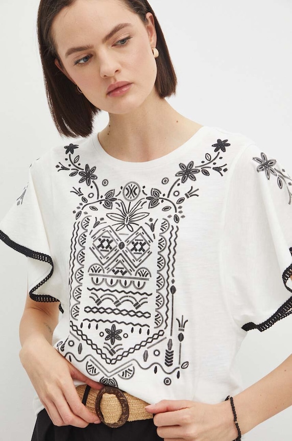 T-shirt bawełniany damski z ozdobną aplikacją kolor beżowy bawełna beżowy RS24.TSDA05