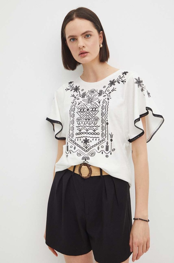 T-shirt bawełniany damski z ozdobną aplikacją kolor beżowy beżowy RS24.TSDA05