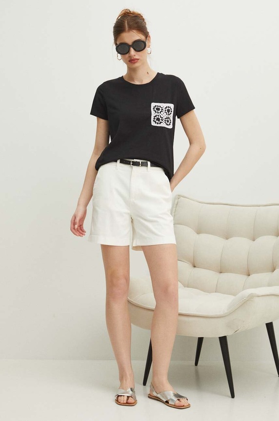 T-shirt bawełniany damski z domieszką elastanu z aplikacją kolor czarny RS24.TSDA09 czarny RS24