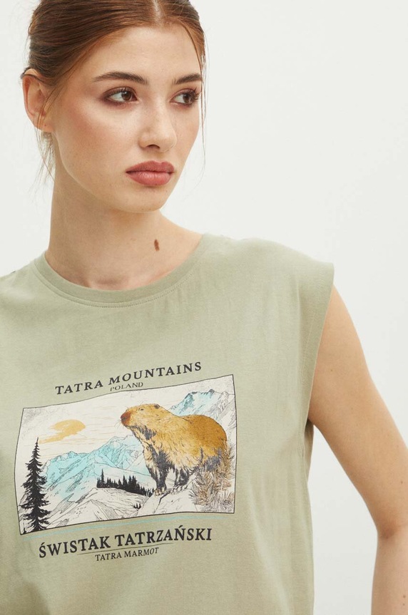 T-shirt bawełniany damski z kolekcji Tatrzański Park Narodowy x Medicine kolor zielony RS24-TSDA54 zielony