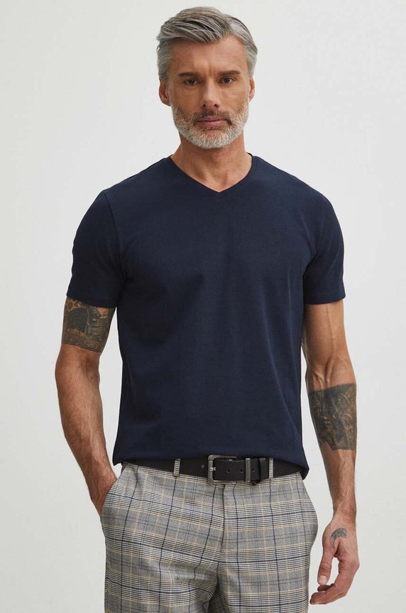 T-shirt bawełniany męski z elastanem gładki kolor granatowy granatowy RS24-TSM054