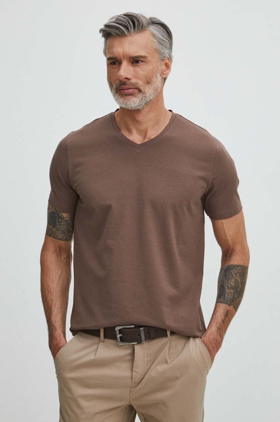 T-shirt bawełniany męski z elastanem gładki kolor brązowy brązowy RS24-TSM054