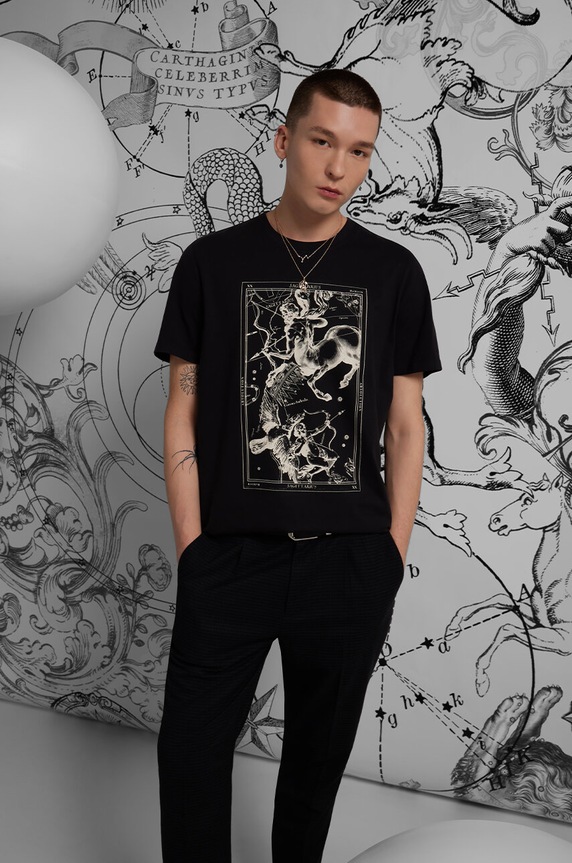 T-shirt bawełniany męski z kolekcji Zodiak - Strzelec kolor szary okrągły szary RS24.TSM155