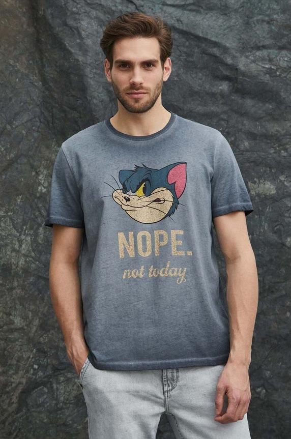 Bavlnené tričko pánske Tom and Jerry šedá farba okrúhly sivá RS24-TSM657